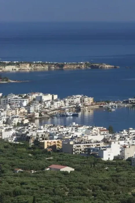 Framed Print : GREECE, CRETE, Iraklio Province, Hersonisos: Aerial View of Resort Town  /  Morning