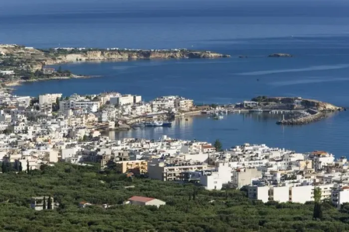 Framed Print : GREECE, CRETE, Iraklio Province, Hersonisos: Aerial View of Resort Town  /  Morning
