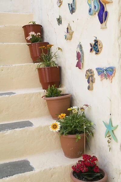 GREECE, CRETE, Lasithi Province, Kritsa: Stairway with Flower Pots