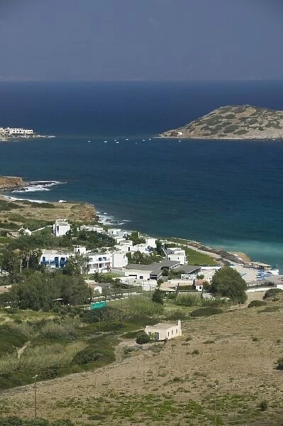 GREECE, CRETE, Lasithi Province, Mohlos: Resort Town View with Agios Nikolaos Island