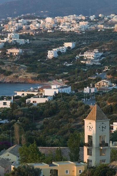 GREECE, CRETE, Lasithi Province, Agios Nikolaos: Tourist Hotel Area  /  Dawn