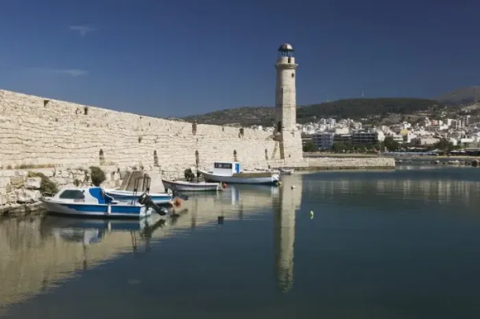 Framed Print : GREECE, CRETE, Rethymno Province, Rethymno: Venetian Harbor with lighthouse  /  Daytime