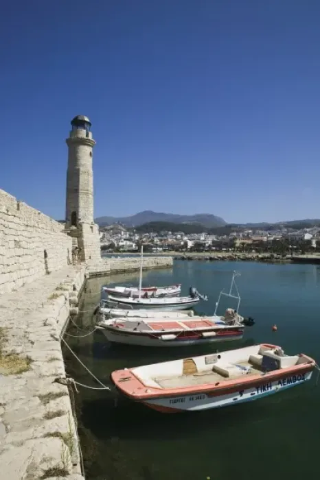 Framed Print : GREECE, CRETE, Rethymno Province, Rethymno: Venetian Harbor with lighthouse  /  Daytime