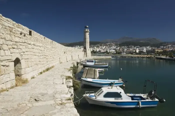 Framed Print : GREECE, CRETE, Rethymno Province, Rethymno: Venetian Harbor with lighthouse  /  Daytime