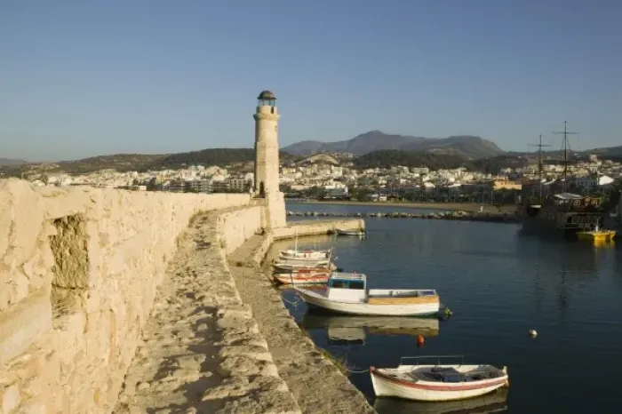 Framed Print : GREECE, CRETE, Rethymno Province, Rethymno: Venetian Harbor with lighthouse  /  Sunset