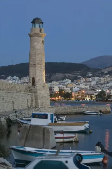 Framed Print : GREECE, CRETE, Rethymno Province, Rethymno: Venetian Harbor and Lighthouse  /  Dusk