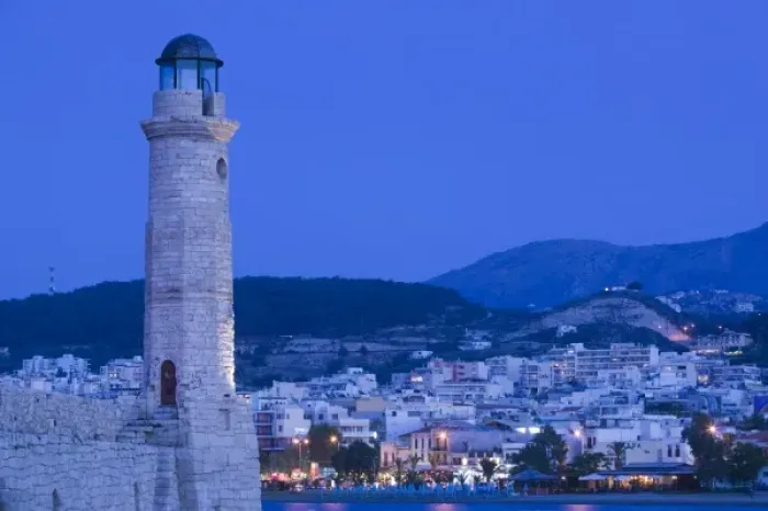 Framed Print : GREECE, CRETE, Rethymno Province, Rethymno: Venetian Harbor and Lighthouse  /  Dusk