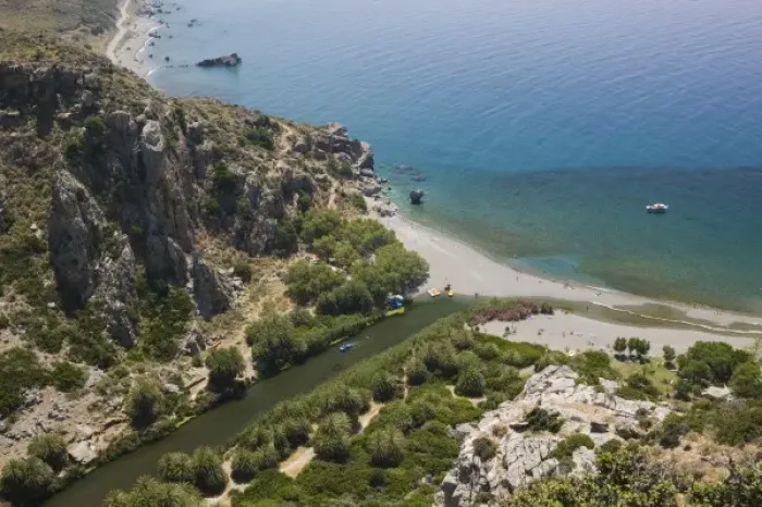 Framed Print : GREECE, CRETE, Rethymno Province, Preveli: Aerial View of Preveli Beach also known Framed Print : GREECE, CRETE, Rethymno Province, Preveli: Aerial View of Preveli Beach also known