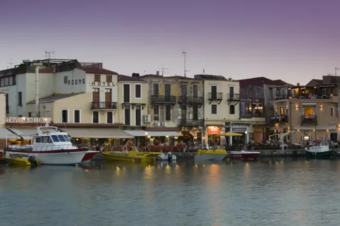 Framed Print : GREECE-CRETE-Rethymno Province-Rethymno: Venetian Harbor and Restaurants  /  Dusk
