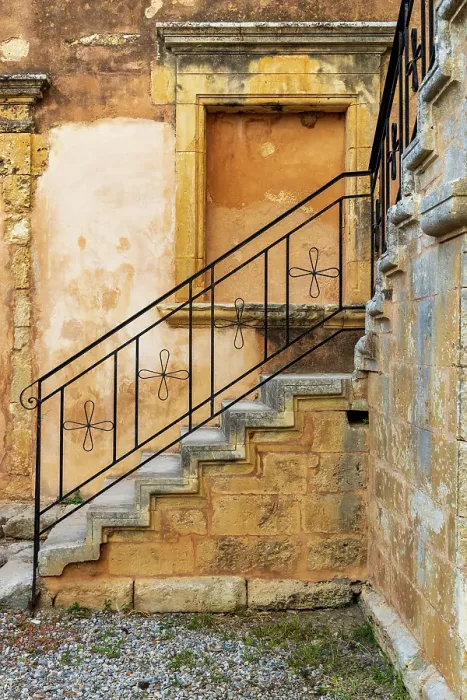 Framed Print : Greece, Crete, Rethymno. Venetian Baroque, 16th century Eastern Orthodox Monastery. The Holy Monastery of Arkadi. Stone stairway