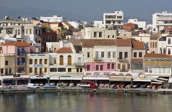 Greece, Crete. Waterfront buildings. Harbor at Rethymnon
