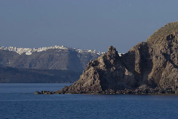 Greece, Cyclades, Island of Santorini (aka Thira). City of Fira in distance