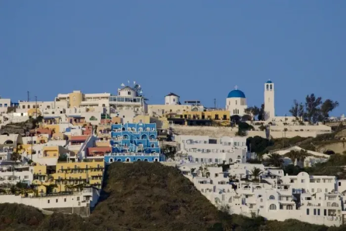 Framed Print : Greece, Cyclades, Island of Santorini (aka Thira). Capital city of Fira located a