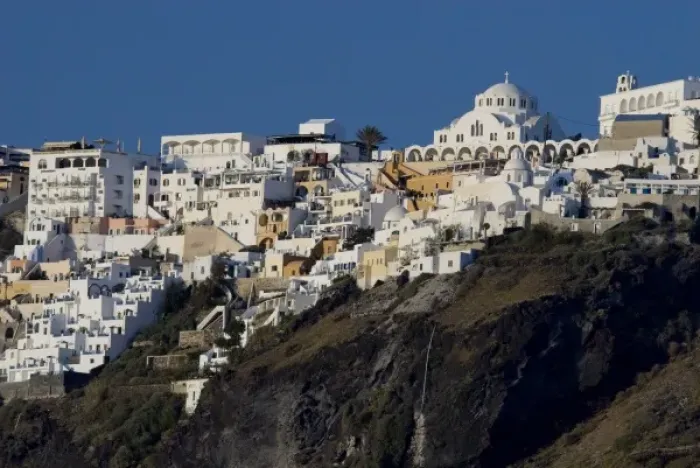 Framed Print : Greece, Cyclades, Island of Santorini (aka Thira). Capital city of Fira located a Framed Print : Greece, Cyclades, Island of Santorini (aka Thira). Capital city of Fira located a