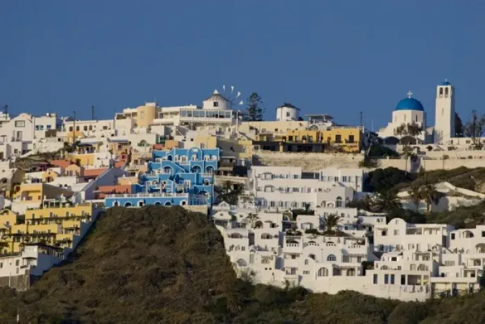 Framed Print : Greece, Cyclades, Island of Santorini (aka Thira). Capital city of Fira located a