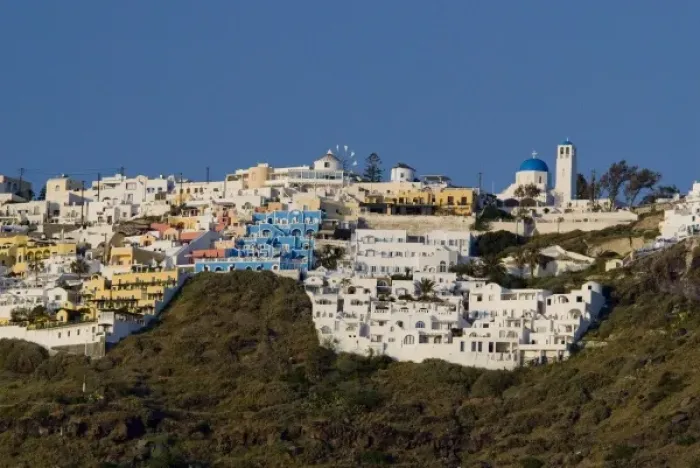 Framed Print : Greece, Cyclades, Island of Santorini (aka Thira). Capital city of Fira located a