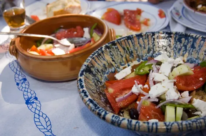 Framed Print : Greece, Dodecaneece Islands, Vlihadia. Paradise salad at Resturang Paradise in