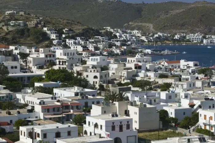 Framed Print : GREECE, Dodecanese Islands, PATMOS, Skala: Town View / Daytime Framed Print : GREECE, Dodecanese Islands, PATMOS, Skala: Town View / Daytime