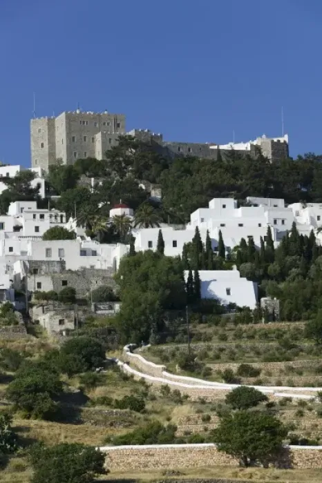 Framed Print : GREECE, Dodecanese Islands, PATMOS, Hora: Hillside Town View and Monastery of St Framed Print : GREECE, Dodecanese Islands, PATMOS, Hora: Hillside Town View and Monastery of St