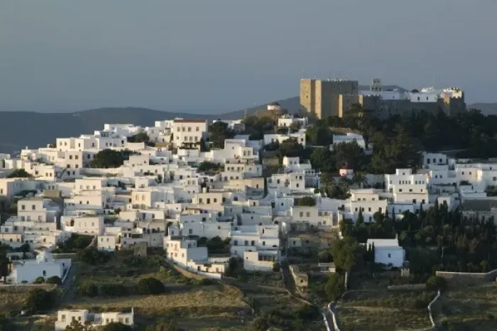 Framed Print : GREECE, Dodecanese Islands, PATMOS, Hora: Hillside Town View and Monastery of St Framed Print : GREECE, Dodecanese Islands, PATMOS, Hora: Hillside Town View and Monastery of St