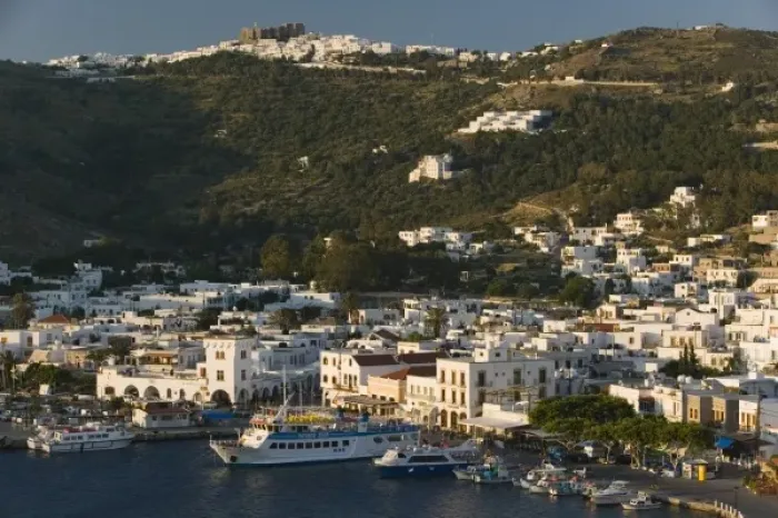 Framed Print : GREECE, Dodecanese Islands, PATMOS, Skala: View of Harbor & Hilltop Monastery of St Framed Print : GREECE, Dodecanese Islands, PATMOS, Skala: View of Harbor & Hilltop Monastery of St