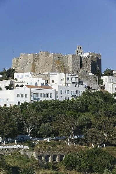 GREECE, Dodecanese Islands, PATMOS, Skala: View of Harbor & Hilltop Monastery of St