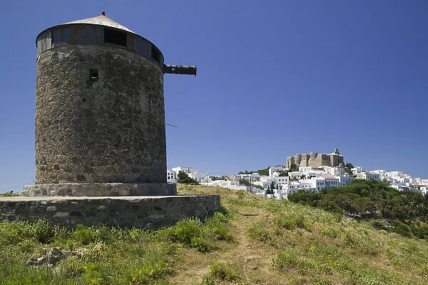 GREECE, Dodecanese Islands, PATMOS, Hora: Old Windmill and Monastery of St. John the Theologian