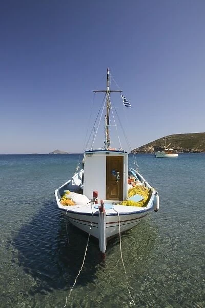 GREECE, Dodecanese Islands, PATMOS, Agriolivadi Bay: Small Boat on Agriolivadi Bay