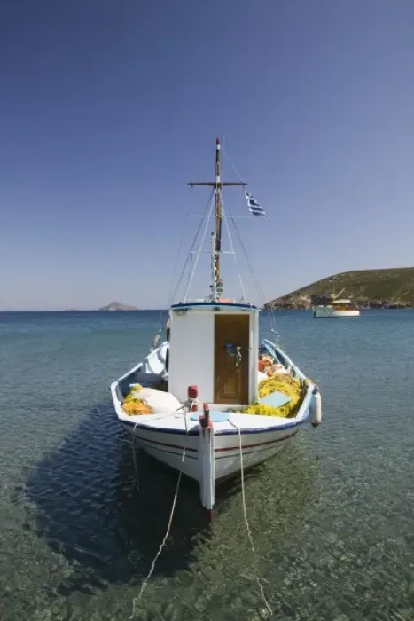 Framed Print : GREECE, Dodecanese Islands, PATMOS, Agriolivadi Bay: Small Boat on Agriolivadi Bay Framed Print : GREECE, Dodecanese Islands, PATMOS, Agriolivadi Bay: Small Boat on Agriolivadi Bay
