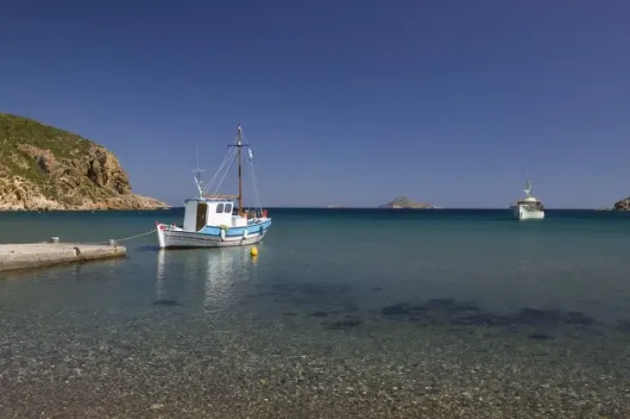 Framed Print : GREECE, Dodecanese Islands, PATMOS, Agriolivadi Bay: Small Boat on Agriolivadi Bay Framed Print : GREECE, Dodecanese Islands, PATMOS, Agriolivadi Bay: Small Boat on Agriolivadi Bay