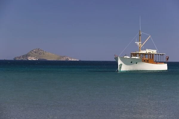 GREECE, Dodecanese Islands, PATMOS, Agriolivadi Bay: Small Boat on Agriolivadi Bay