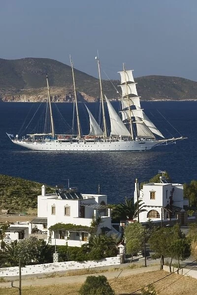 GREECE, Dodecanese Islands, PATMOS, Sapsila: Sailing Cruiseship leaving Sapsila Bay