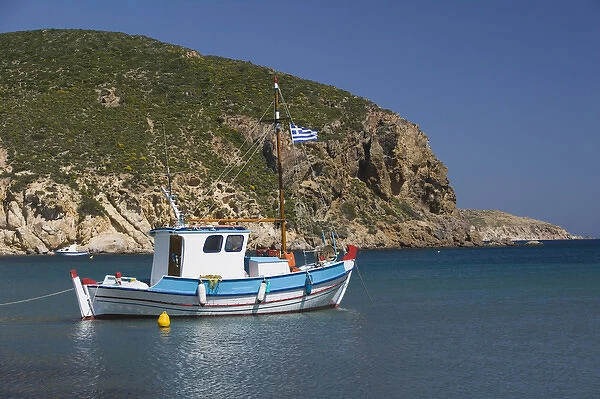GREECE-Dodecanese Islands-PATMOS-Agriolivadi Bay: Small Boat on Agriolivadi Bay