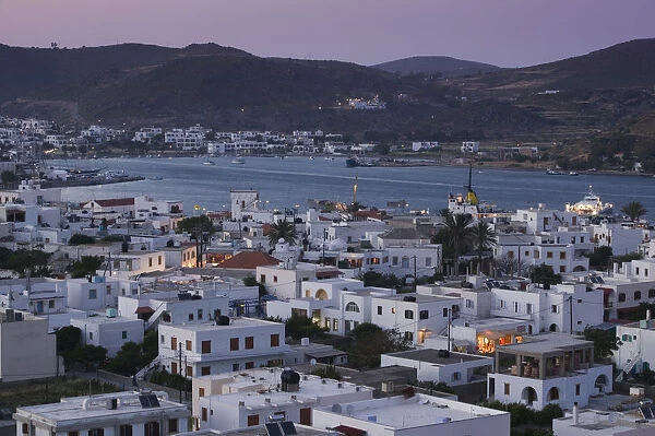GREECE-Dodecanese Islands-PATMOS-Skala: Town View and Harbor  /  Evening