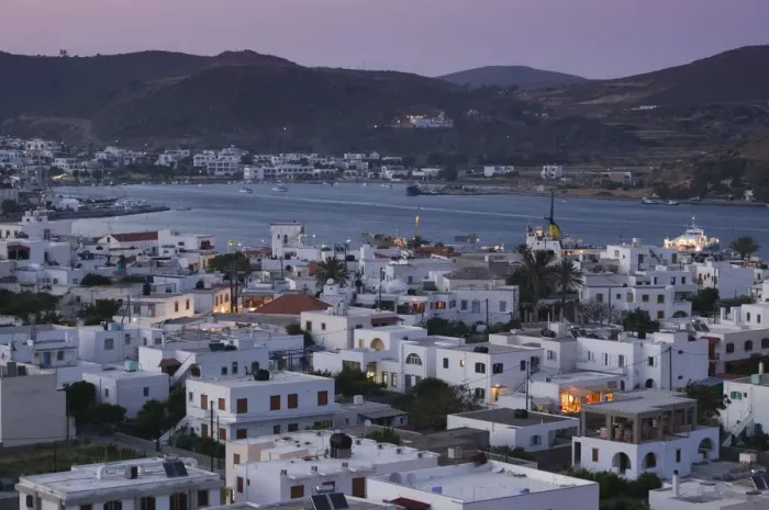 Framed Print : GREECE-Dodecanese Islands-PATMOS-Skala: Town View and Harbor / Evening Framed Print : GREECE-Dodecanese Islands-PATMOS-Skala: Town View and Harbor / Evening