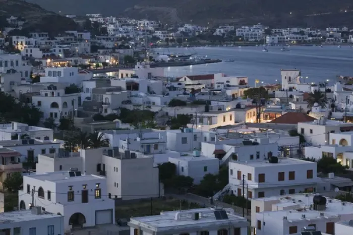 Framed Print : GREECE-Dodecanese Islands-PATMOS-Skala: Town View and Harbor / Evening Framed Print : GREECE-Dodecanese Islands-PATMOS-Skala: Town View and Harbor / Evening