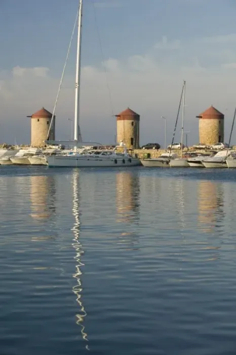 Framed Print : GREECE, Dodecanese Islands, RHODES, Rhodes Town: Mandraki Harbor, Old Windmills