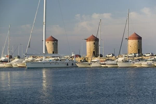 GREECE, Dodecanese Islands, RHODES, Rhodes Town: Mandraki Harbor, Old Windmills