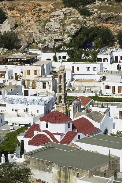 GREECE, Dodecanese Islands, RHODES, Lindos: Town View with Church of Agia Panagia