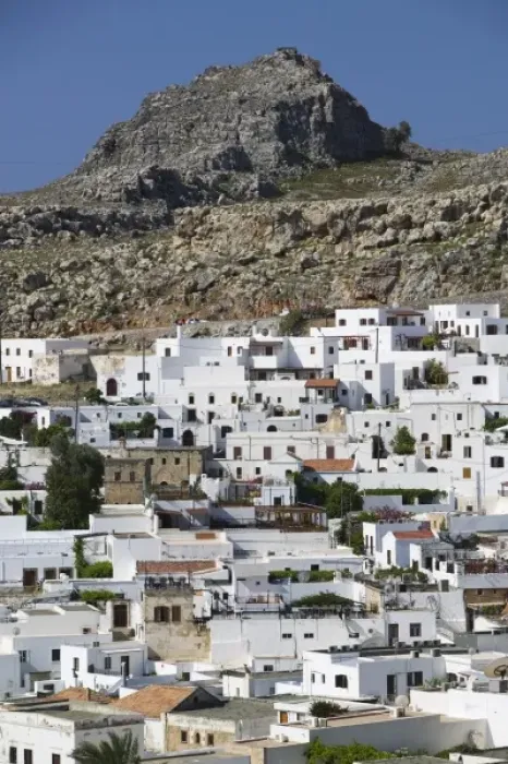 Framed Print : GREECE, Dodecanese Islands, RHODES, Lindos: Town View as seen from the Acropolis