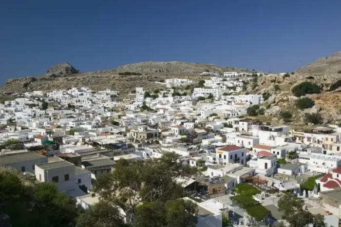 Framed Print : GREECE, Dodecanese Islands, RHODES, Lindos: Town View as seen from the Acropolis Framed Print : GREECE, Dodecanese Islands, RHODES, Lindos: Town View as seen from the Acropolis