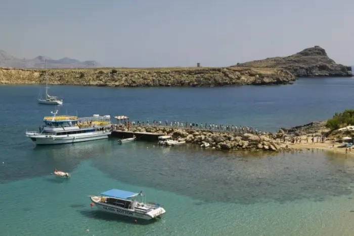 Framed Print : GREECE, Dodecanese Islands, RHODES, Lindos: Lindos Harbor, Tour boat with visitors Framed Print : GREECE, Dodecanese Islands, RHODES, Lindos: Lindos Harbor, Tour boat with visitors