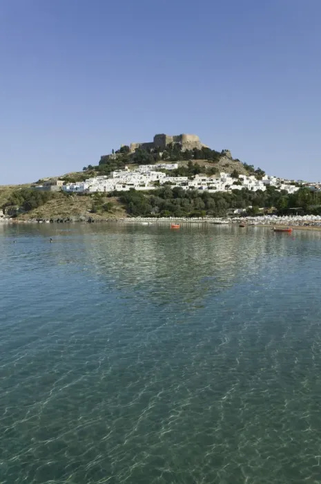 Framed Print : GREECE-Dodecanese Islands-RHODES-Lindos: Lindos Harbor- Beach View with Acropolis Framed Print : GREECE-Dodecanese Islands-RHODES-Lindos: Lindos Harbor- Beach View with Acropolis