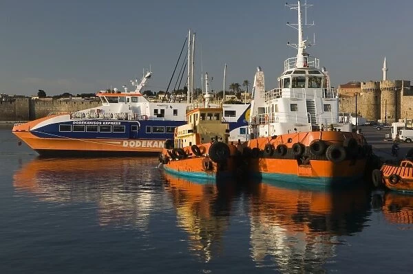 GREECE-Dodecanese Islands-RHODES-Rhodes Town: Commercial Harbor-Reflections of Tugboats