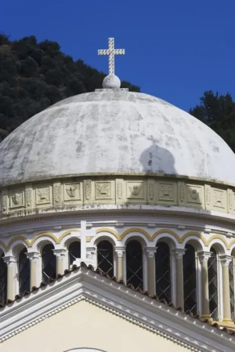Framed Print : Greece and Greek Island of Crete in the foothills to the White Mountains with church dome