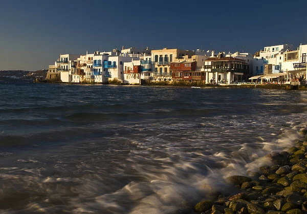 Greece and Greek Island of Mykonos and the harbor town of Hora along the shoreline