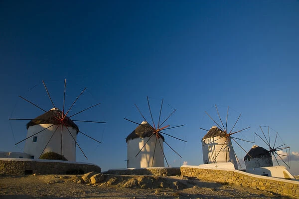 Greece and Greek Island of Mykonos and the harbor town of Hora with the famous windmills