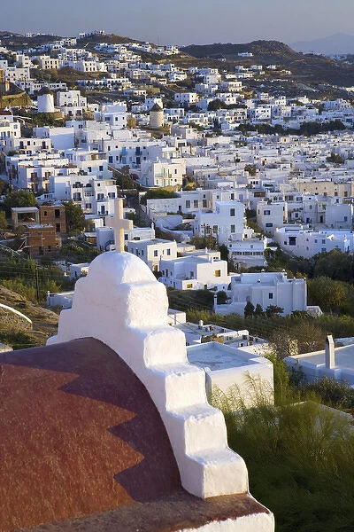 Greece and Greek Island of Mykonos and the harbor town of Hora and small red roofed