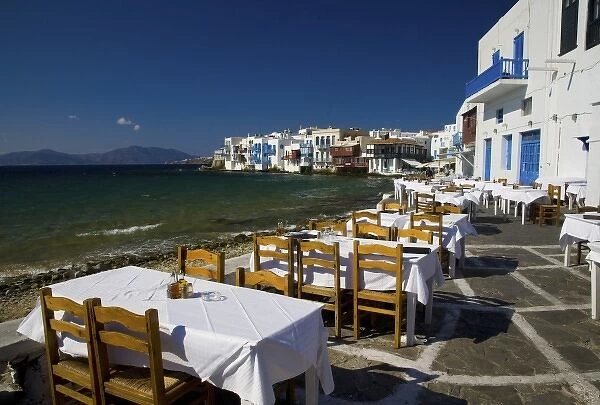 Greece and Greek Island of Mykonos and the harbor town of Hora along the shoreline of little Venice