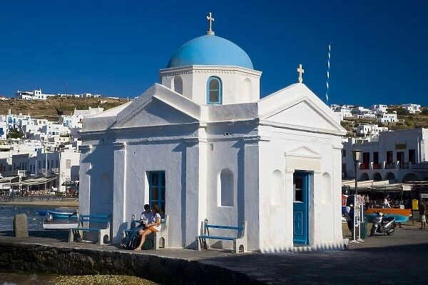 Greece and Greek Island of Mykonos and the harbor town of Hora and the church of